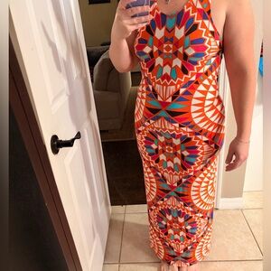 Venus Geometric Patterned Maxi Dress - Orange and Blue Large